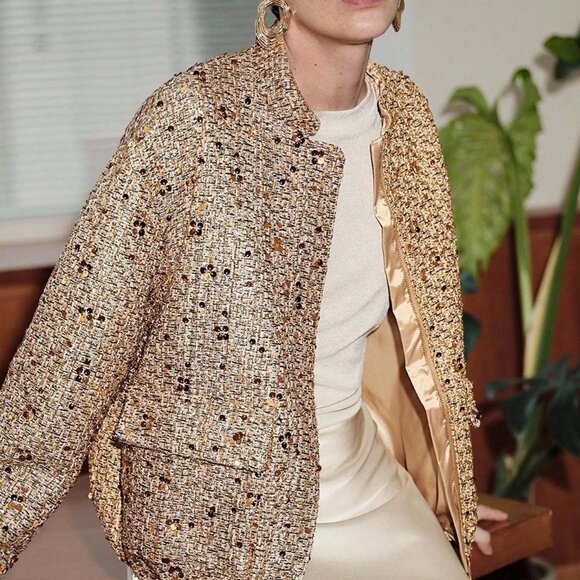 Gold Women's Casual Luxury Shiny Coarse Yarn Bomber Jacket With Sequin Decor - Picture 3 of 8